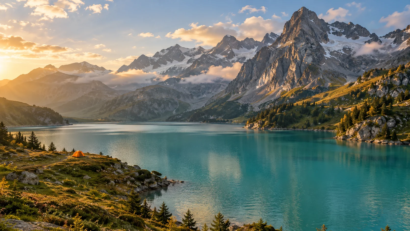 Alpine lake used to demonstrate subtitle language choices