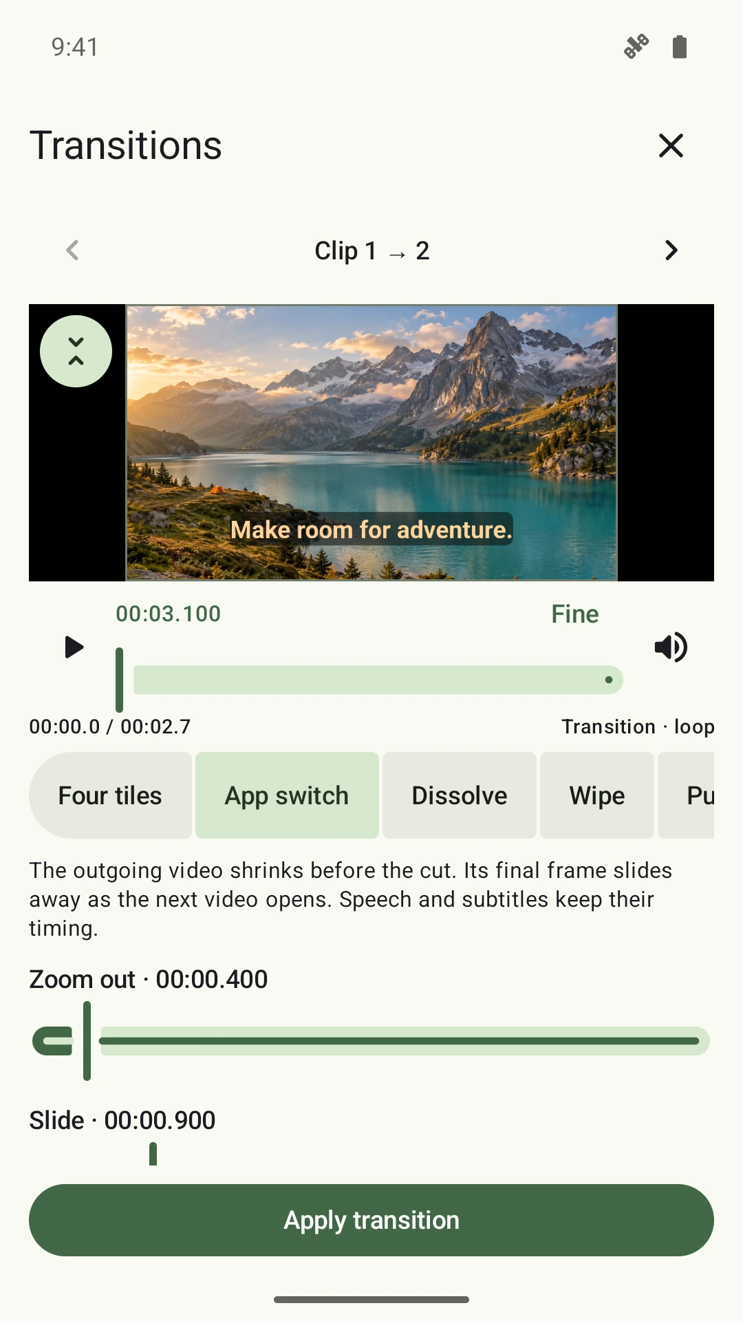 App switch transition controls and video preview
