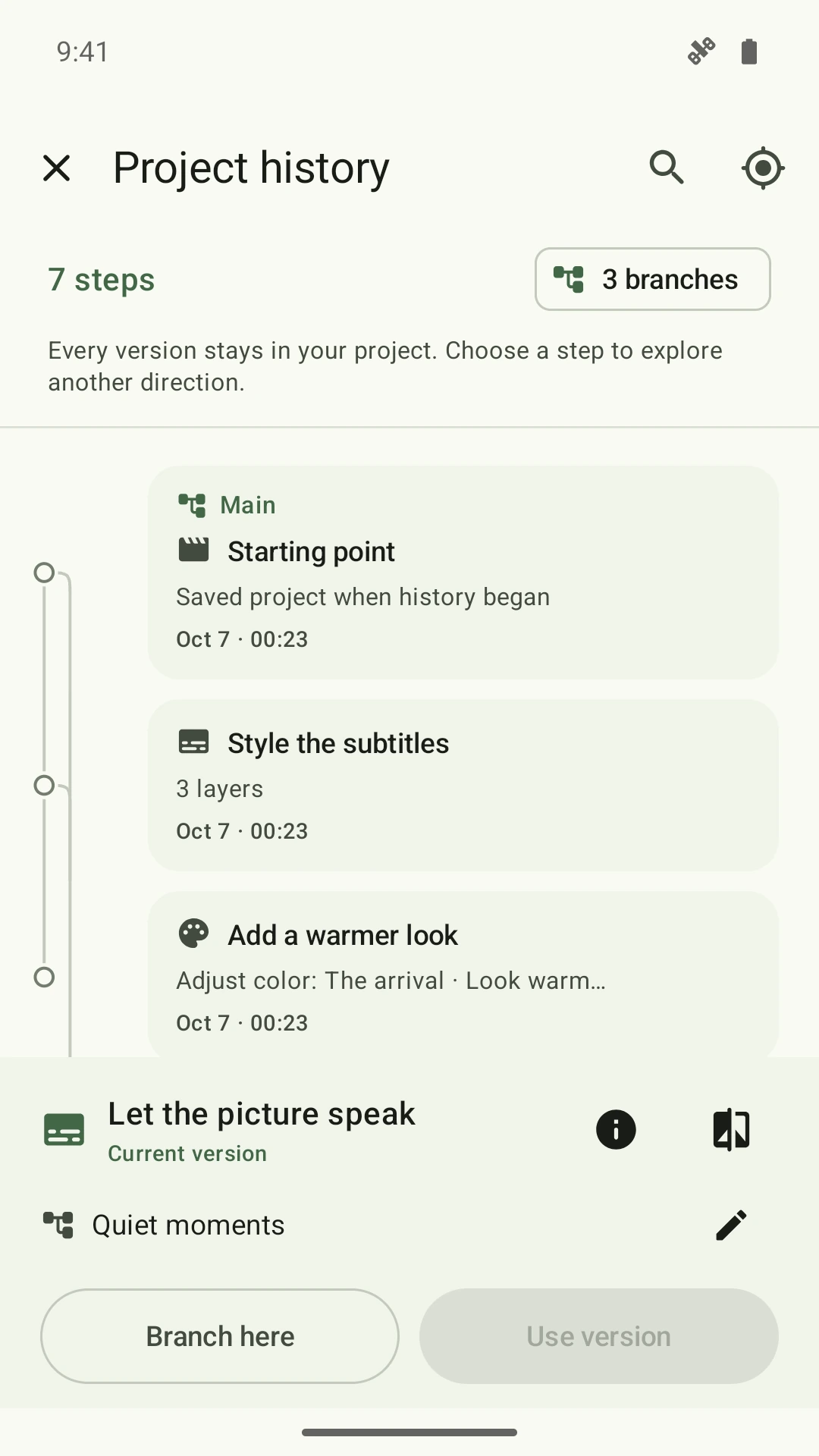 Branching project history in Editlezz